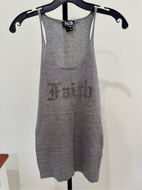Faith Women's Heather Gray Silk/Cashmere Rhinestone Logo Tank Top